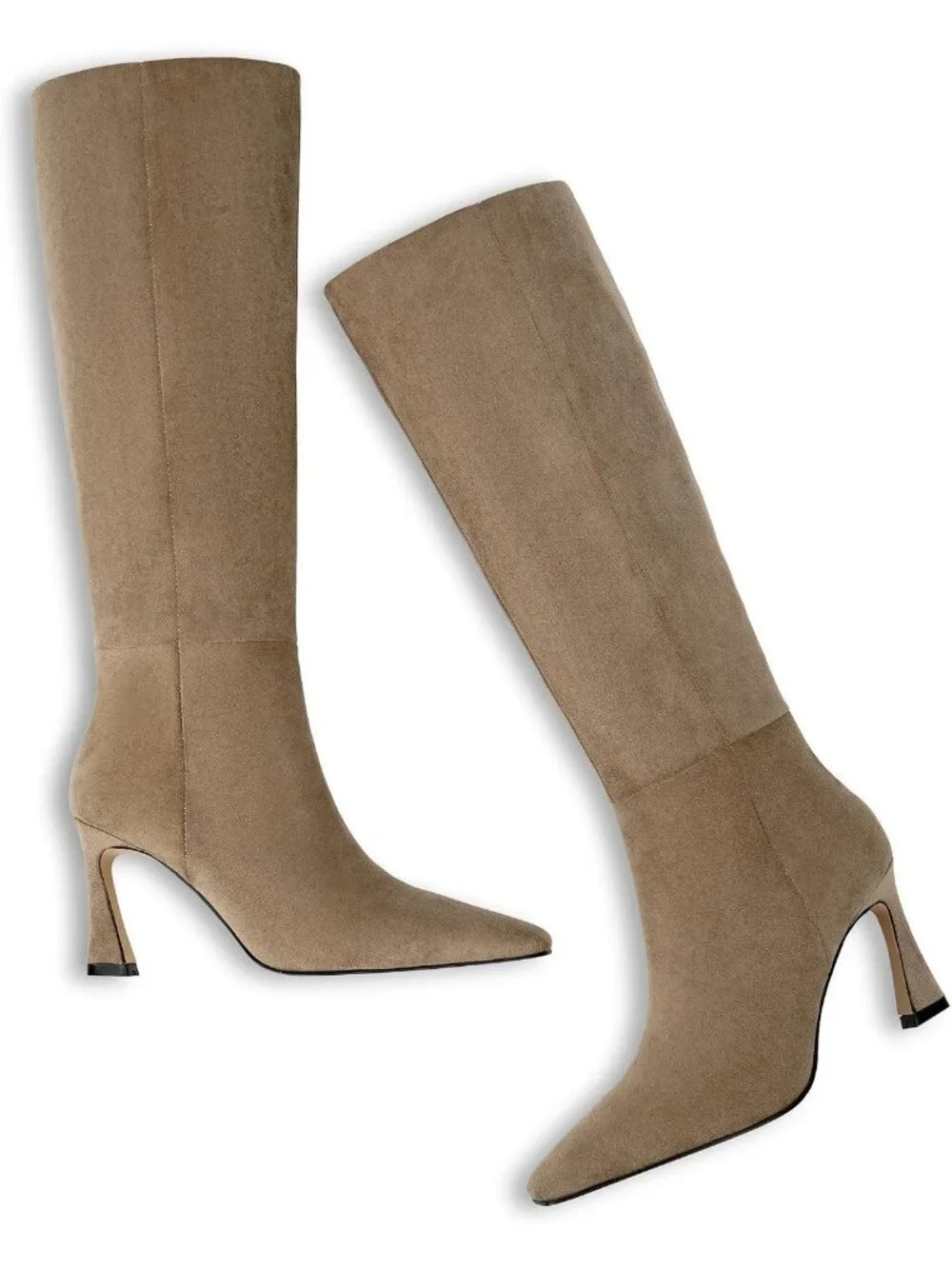 Women's Camel Faux Suede Square Toe Side Zipper Fashion Heeled Tall Boots